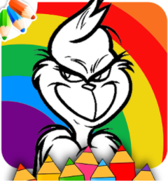 blank coloring book Grinch head on a rainbow background