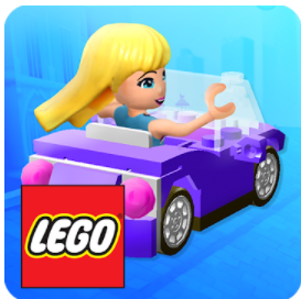 Lego figurine driving car with Logo
