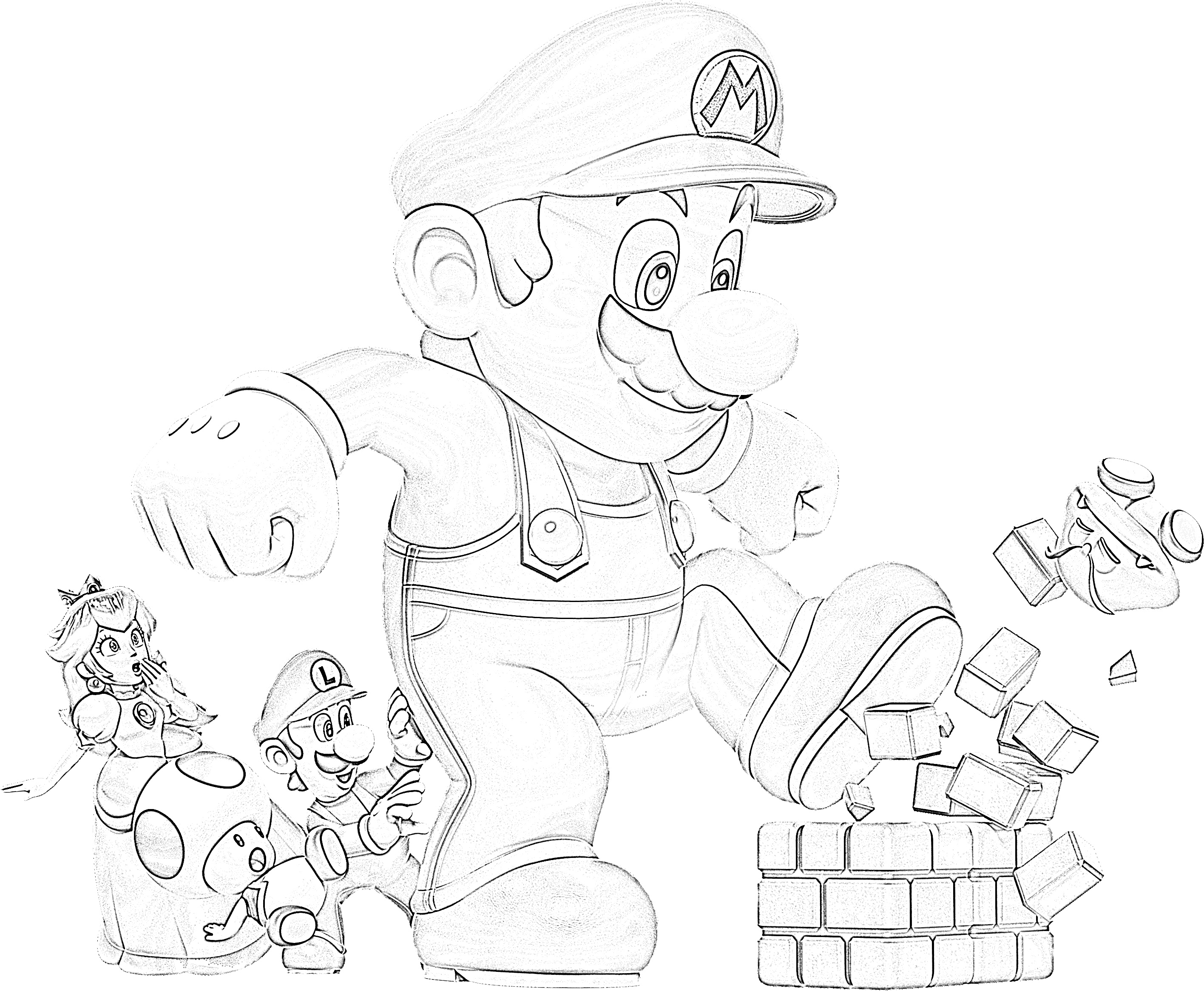 Super mario kicking bricks coloring page