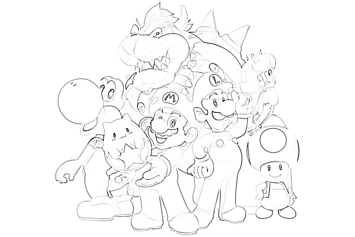 Super mario and the whole gang coloring page