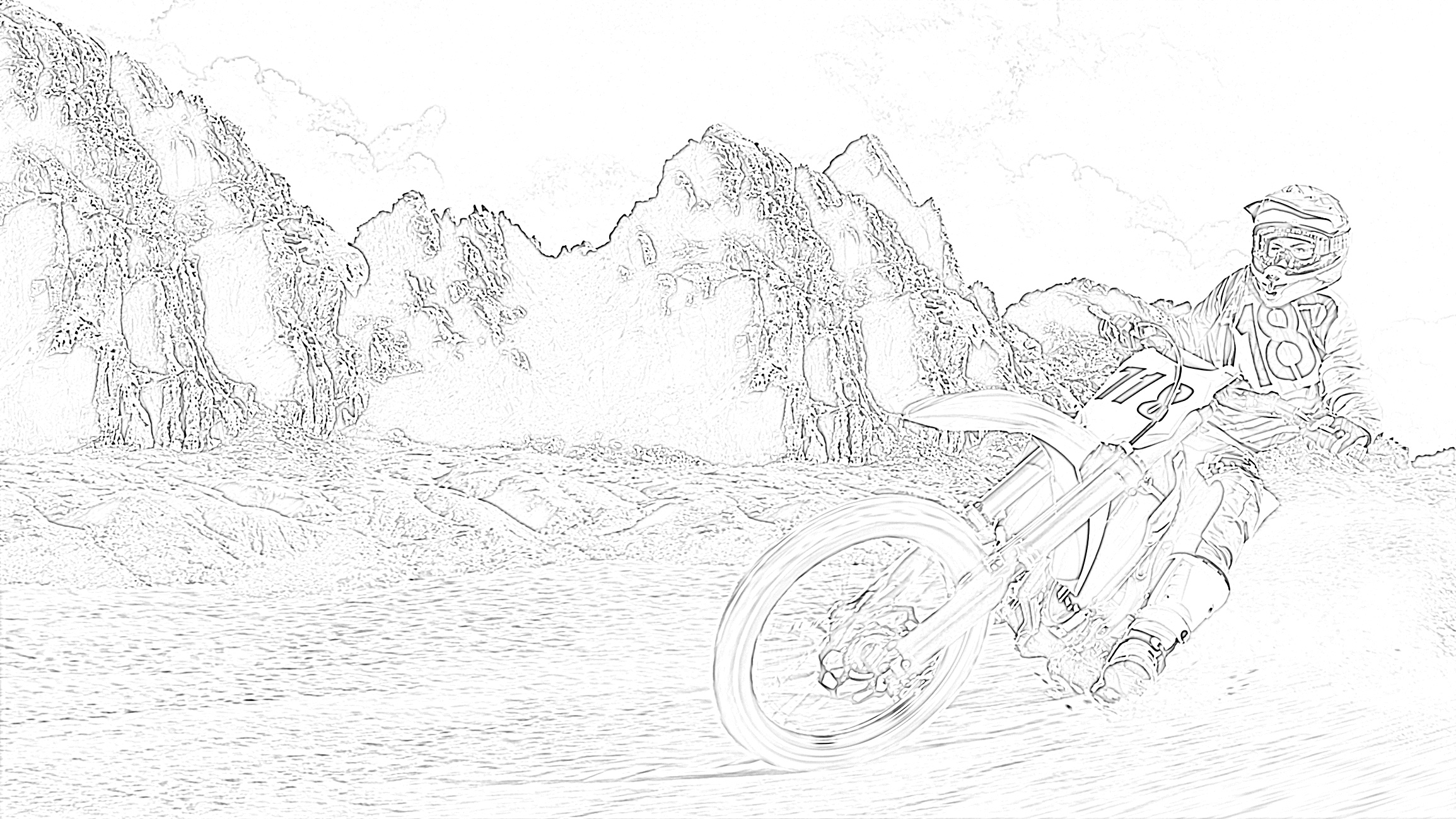 Dirt bike mountain scene coloring page