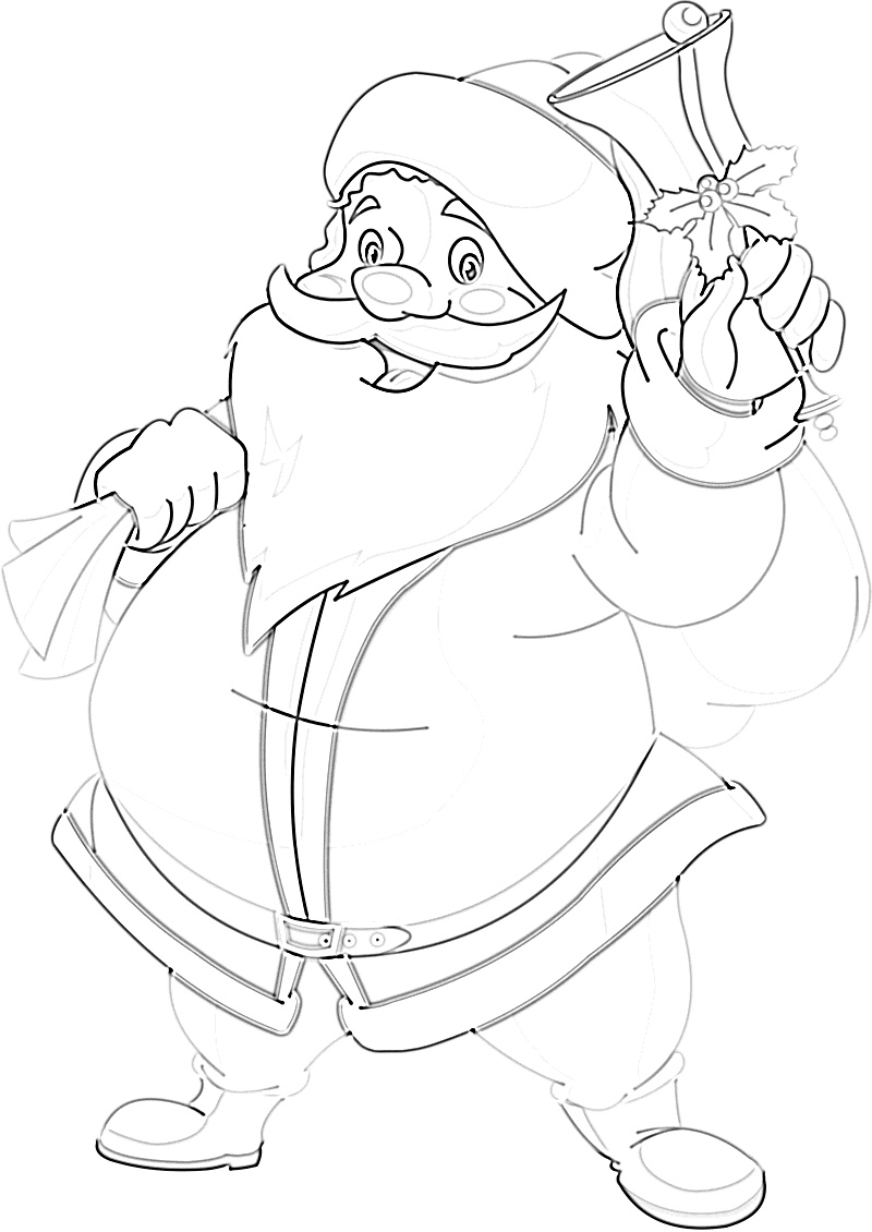 Cute Jolly Santa Clause waving with presents coloring page