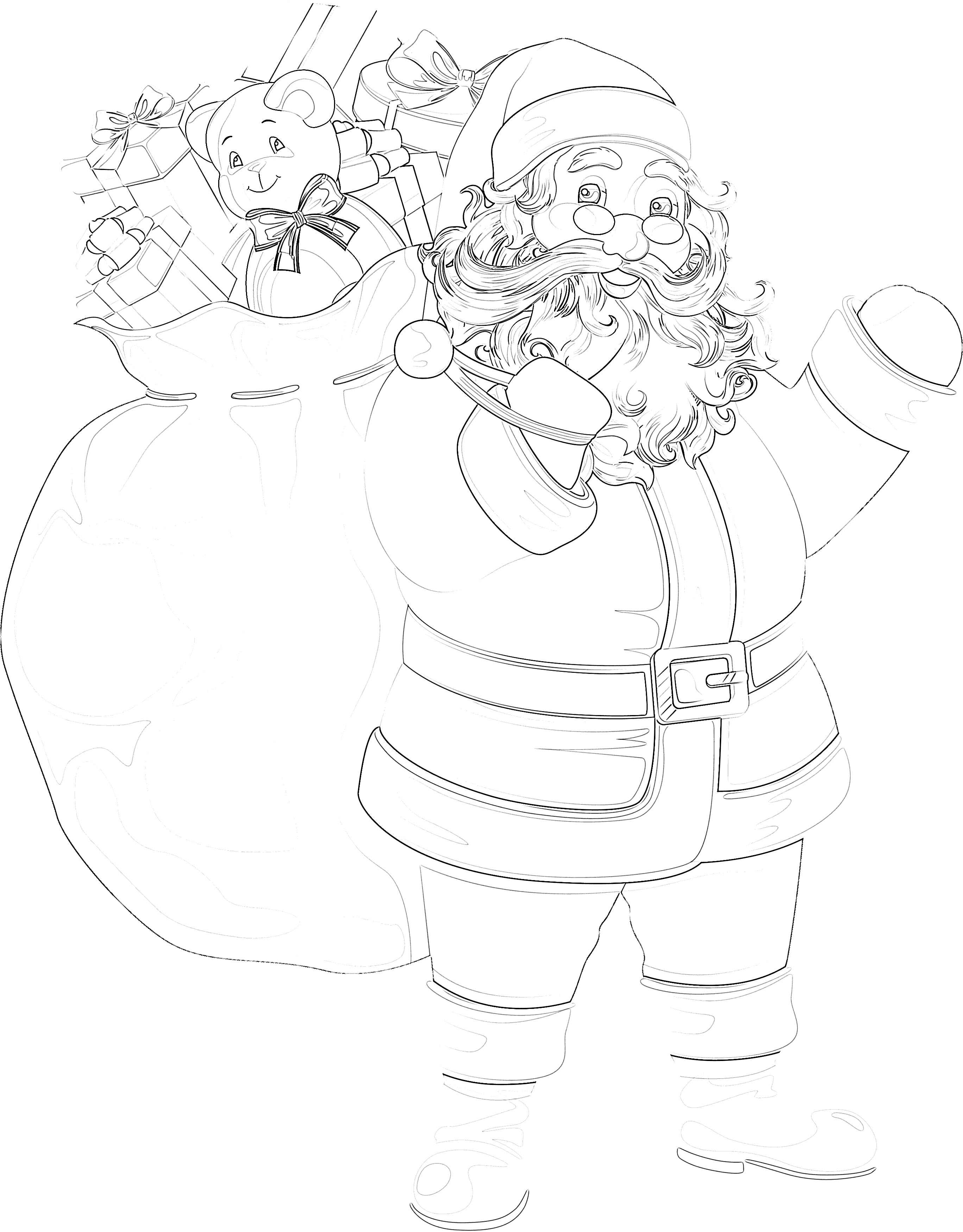Jolly Santa Clause with presents coloring page