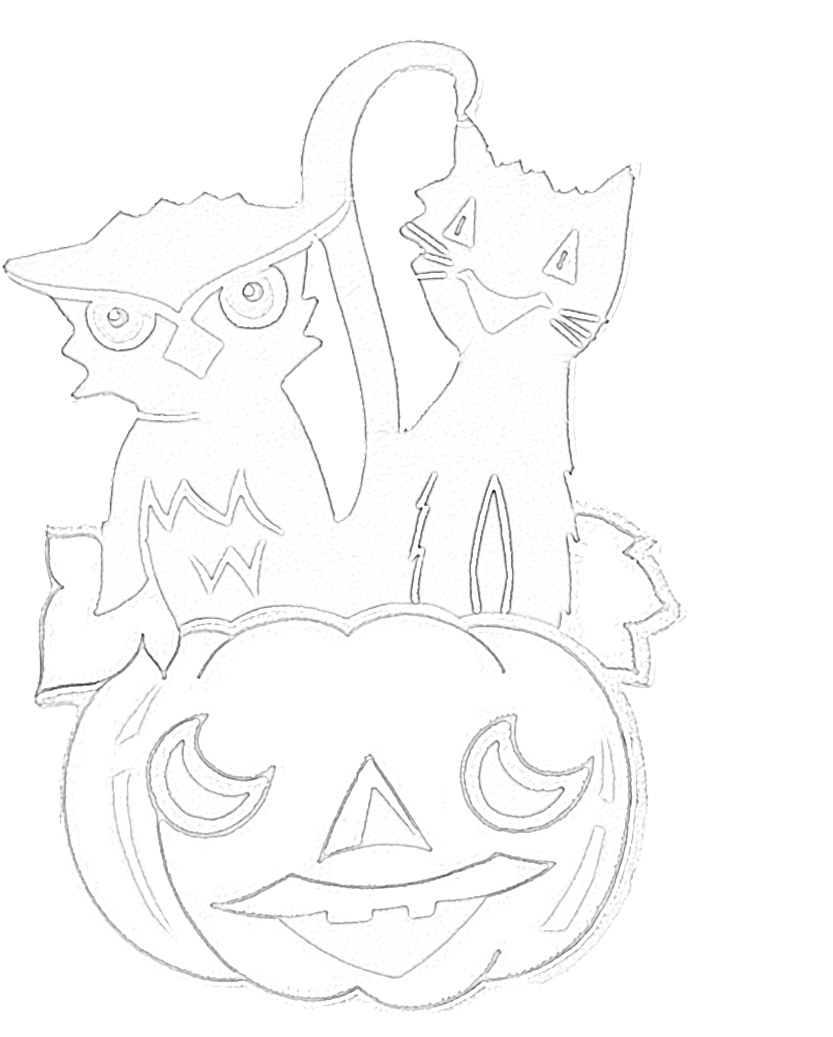 Spooky Halloween Owl and Cat Coloring Page