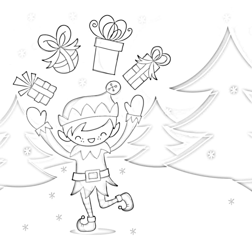 Tis' the Season Elf Juggling Gifts Coloring Page