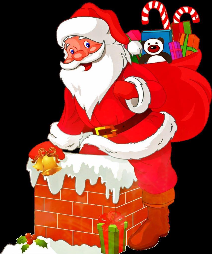 Cartoon Santa climbing down the chimney with a pack of toys on his back