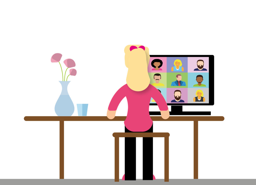 cartoon image of a woman on a video chat call.