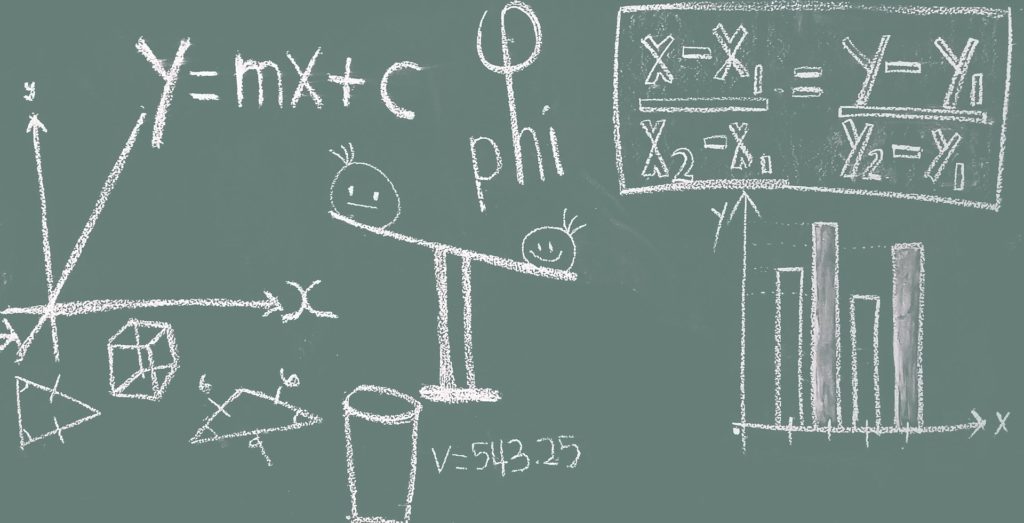 Math symbols and equations on chalkboard.