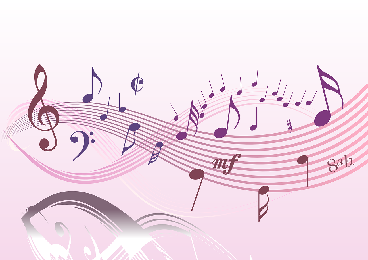 Musical notes and symbols on a pink background